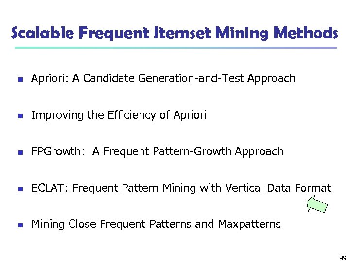 Scalable Frequent Itemset Mining Methods n Apriori: A Candidate Generation-and-Test Approach n Improving the