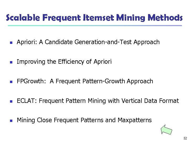 Scalable Frequent Itemset Mining Methods n Apriori: A Candidate Generation-and-Test Approach n Improving the