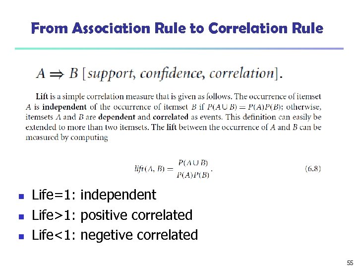 From Association Rule to Correlation Rule n n n Life=1: independent Life>1: positive correlated