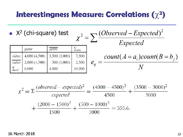 Interestingness Measure: Correlations ( 2) n Χ 2 (chi-square) test 16 March 2018 57