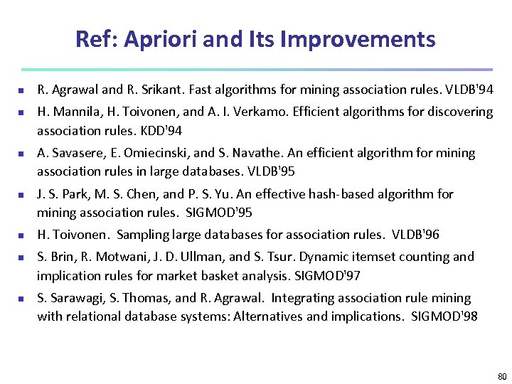 Ref: Apriori and Its Improvements n n n n R. Agrawal and R. Srikant.