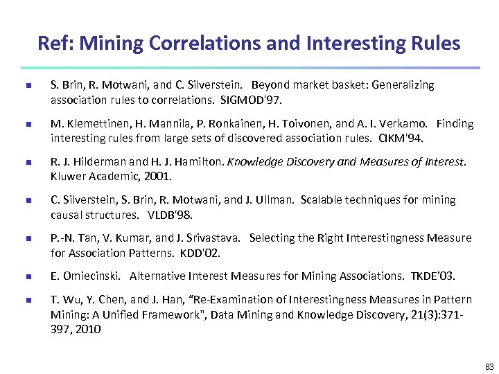 Ref: Mining Correlations and Interesting Rules n n n n S. Brin, R. Motwani,