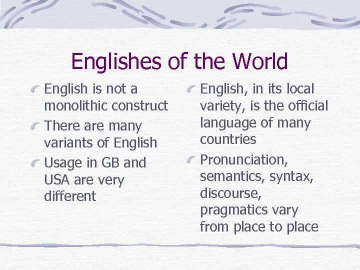 Englishes of the World English is not a monolithic construct There are many variants