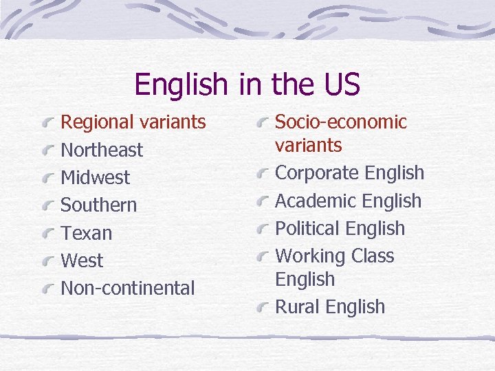 English in the US Regional variants Northeast Midwest Southern Texan West Non-continental Socio-economic variants
