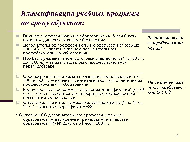 Классификация учебных программ по сроку обучения: Высшее профессиональное образование (4, 5 или 6 лет)