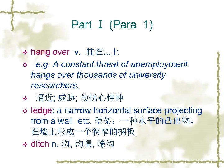 Part Ⅰ (Para 1) v v v hang over v. 挂在. . . 上