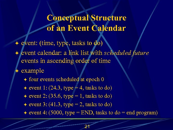 Conceptual Structure of an Event Calendar event: (time, type, tasks to do) ö event