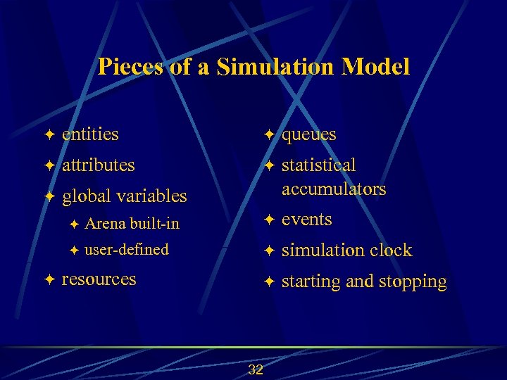 Pieces of a Simulation Model ö entities ö queues ö attributes ö ö global
