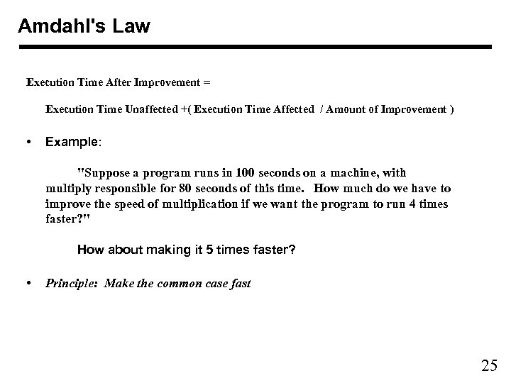 Amdahl's Law Execution Time After Improvement = Execution Time Unaffected +( Execution Time Affected