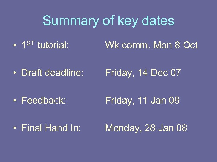 Summary of key dates • 1 ST tutorial: Wk comm. Mon 8 Oct •
