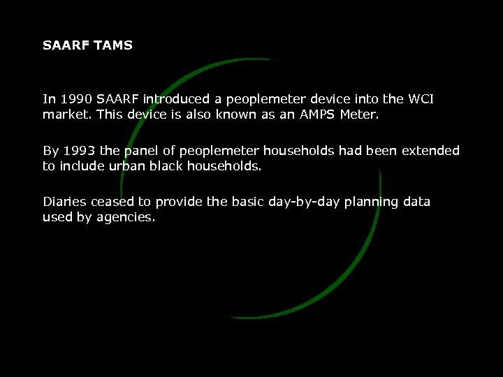 SAARF TAMS In 1990 SAARF introduced a peoplemeter device into the WCI market. This