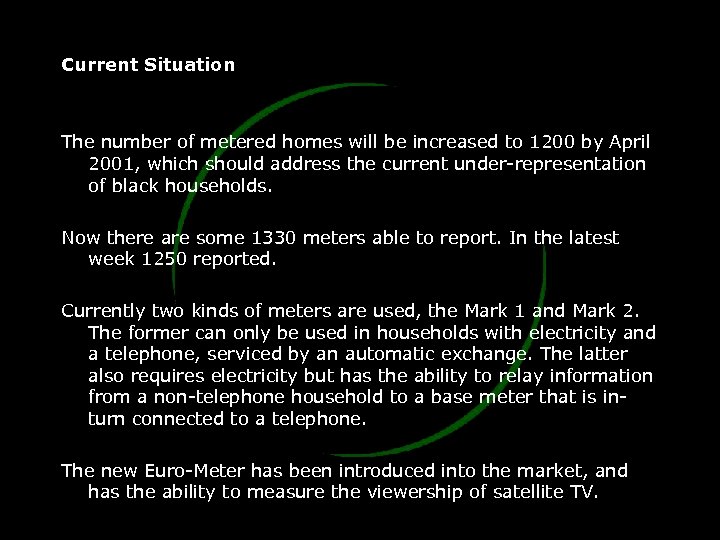 Current Situation The number of metered homes will be increased to 1200 by April