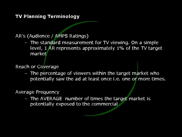 TV Planning Terminology AR’s (Audience / AMPS Ratings) – The standard measurement for TV