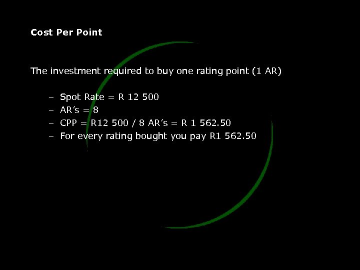 Cost Per Point The investment required to buy one rating point (1 AR) –