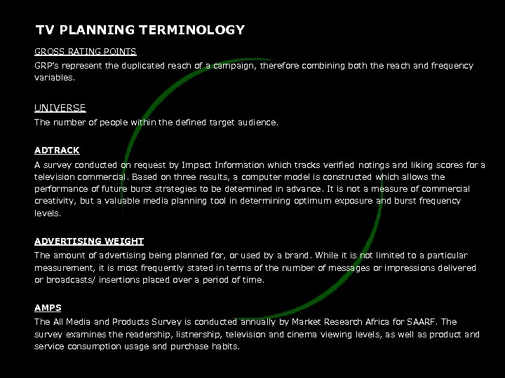 TV PLANNING TERMINOLOGY GROSS RATING POINTS GRP’s represent the duplicated reach of a campaign,