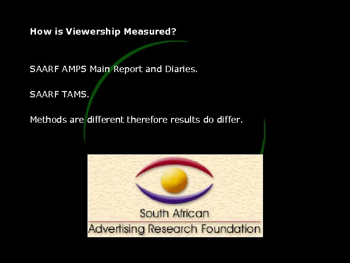 How is Viewership Measured? SAARF AMPS Main Report and Diaries. SAARF TAMS. Methods are