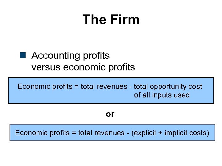 The Firm n Accounting profits versus economic profits Economic profits = total revenues -