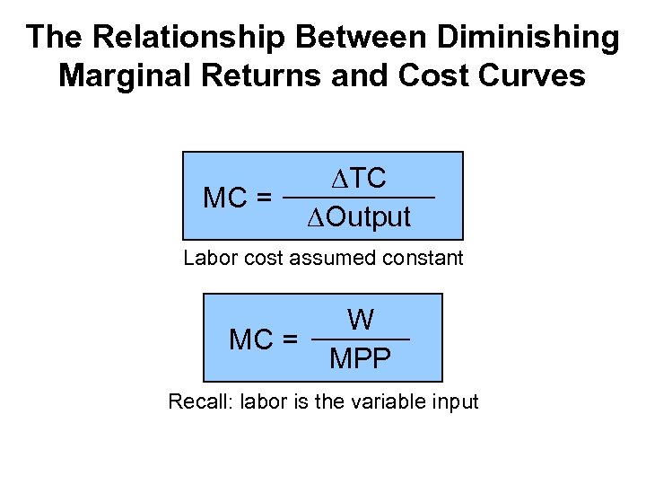 The Relationship Between Diminishing Marginal Returns and Cost Curves MC = DTC DOutput Labor