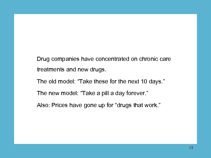 Drug companies have concentrated on chronic care treatments and new drugs. The old model: