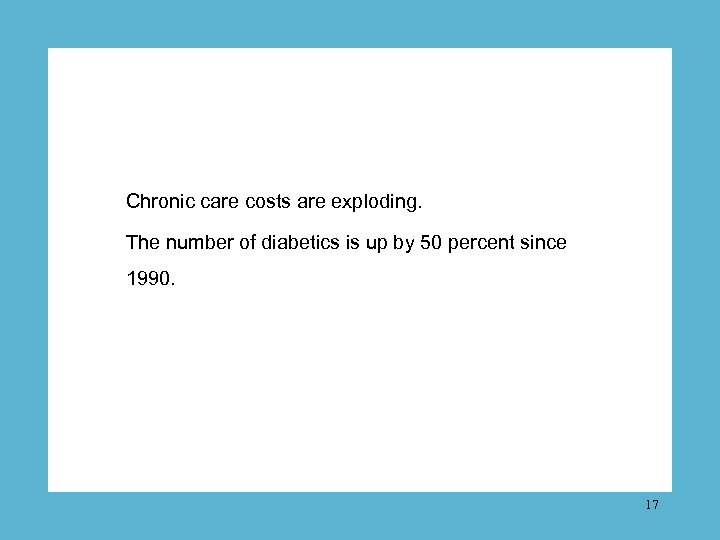 Chronic care costs are exploding. The number of diabetics is up by 50 percent