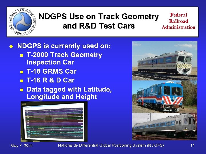 NDGPS Use on Track Geometry and R&D Test Cars u Federal Railroad Administration NDGPS