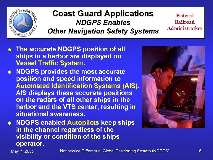 Coast Guard Applications NDGPS Enables Other Navigation Safety Systems u u u Federal Railroad