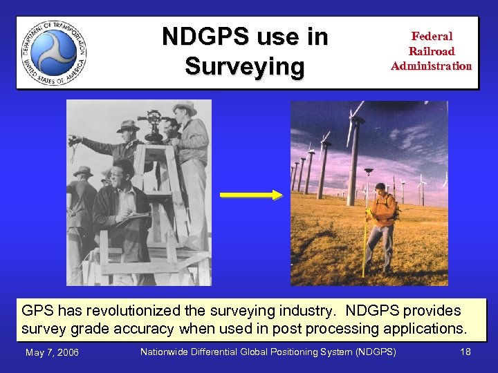 NDGPS use in Surveying Federal Railroad Administration GPS has revolutionized the surveying industry. NDGPS