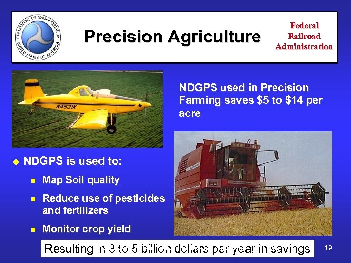 Precision Agriculture Federal Railroad Administration NDGPS used in Precision Farming saves $5 to $14