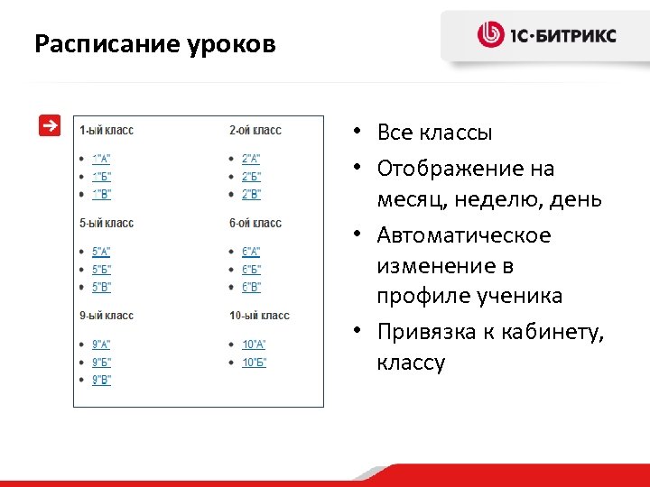 Расписание уроков • Все классы • Отображение на месяц, неделю, день • Автоматическое изменение