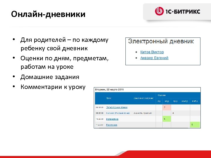 Онлайн-дневники • Для родителей – по каждому ребенку свой дневник • Оценки по дням,