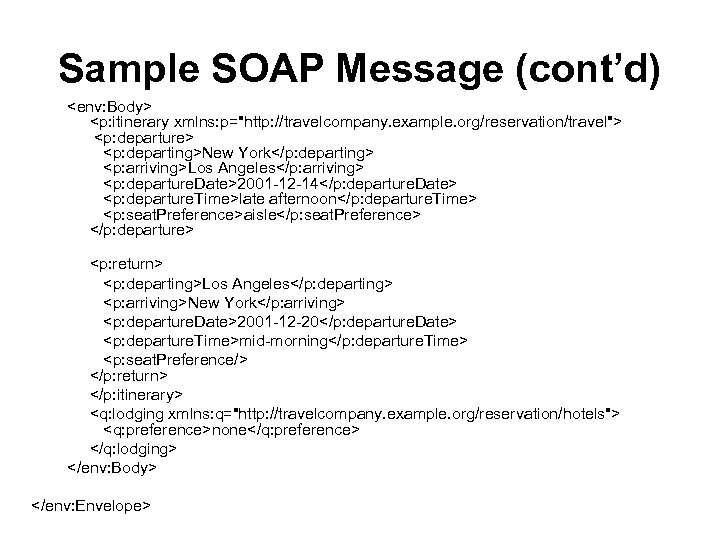 Sample SOAP Message (cont’d) <env: Body> <p: itinerary xmlns: p="http: //travelcompany. example. org/reservation/travel"> <p: