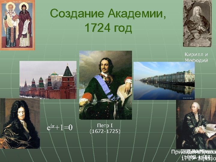 Создание Академии, 1724 год Кирилл и Мефодий eiπ+1=0 Петр I (1672 -1725) 16 Г.
