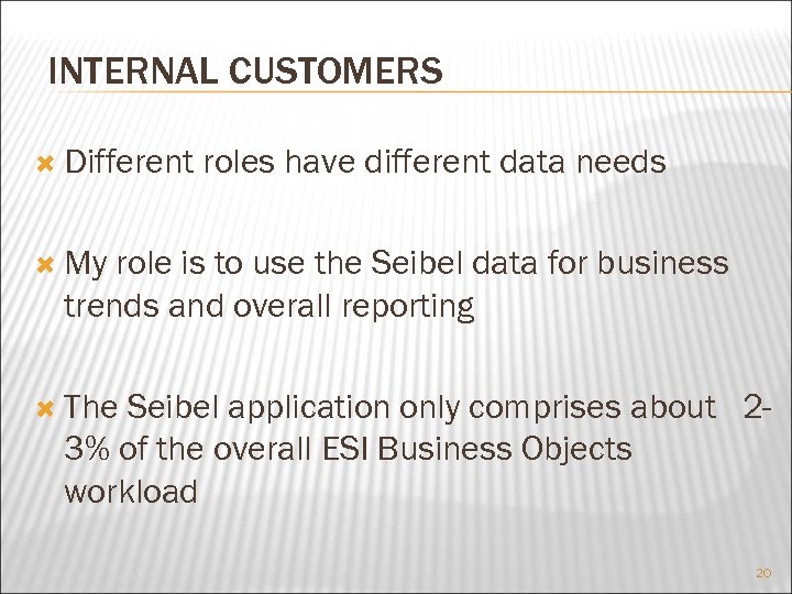 INTERNAL CUSTOMERS Different roles have different data needs My role is to use the