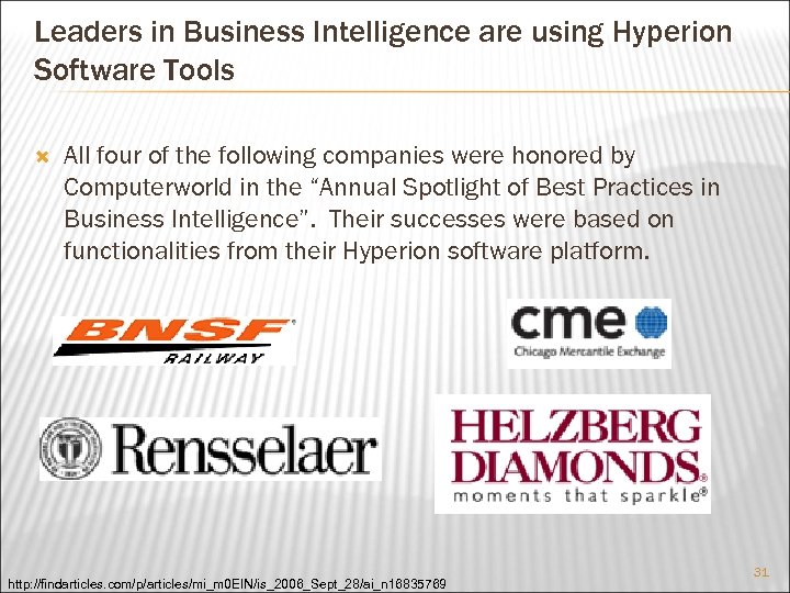 Leaders in Business Intelligence are using Hyperion Software Tools All four of the following