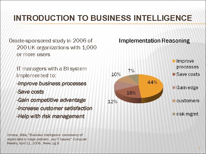 INTRODUCTION TO BUSINESS INTELLIGENCE Oracle-sponsored study in 2006 of 200 UK organizations with 1,