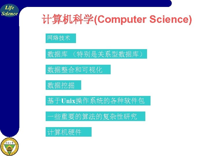 Life Science 计算机科学(Computer Science) 网络技术 数据库 （特别是关系型数据库） 数据整合和可视化 数据挖掘 基于Unix操作系统的各种软件包 一些重要的算法的复杂性研究 计算机硬件 