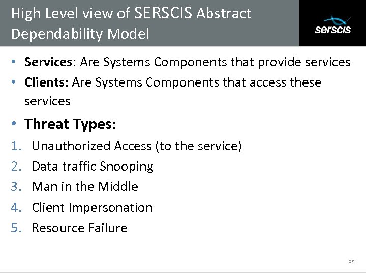 High Level view of SERSCIS Abstract Dependability Model Subtitle • Services: Are Systems Components