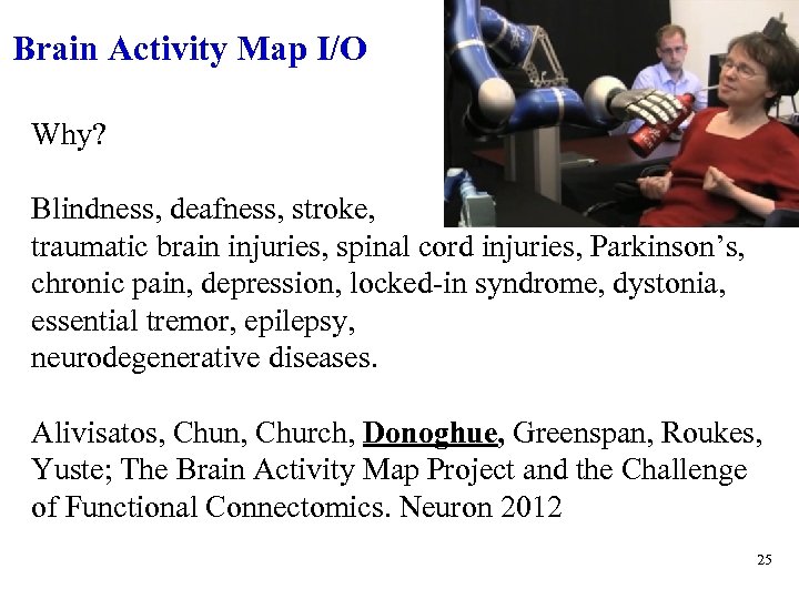 Brain Activity Map I/O Why? Blindness, deafness, stroke, traumatic brain injuries, spinal cord injuries,