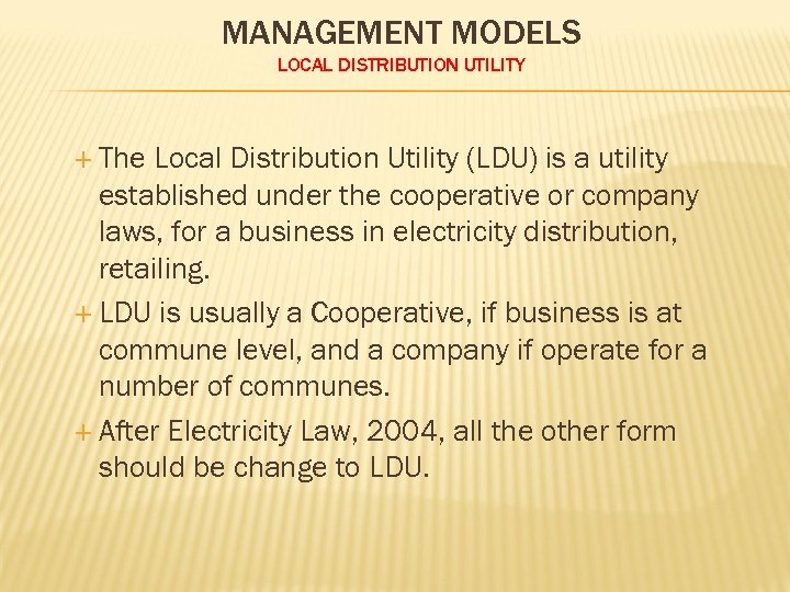 MANAGEMENT MODELS LOCAL DISTRIBUTION UTILITY The Local Distribution Utility (LDU) is a utility established