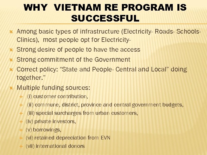 WHY VIETNAM RE PROGRAM IS SUCCESSFUL Among basic types of infrastructure (Electricity- Roads- Schools.