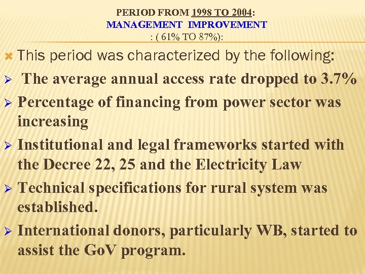 PERIOD FROM 1998 TO 2004: MANAGEMENT IMPROVEMENT : ( 61% TO 87%): This period