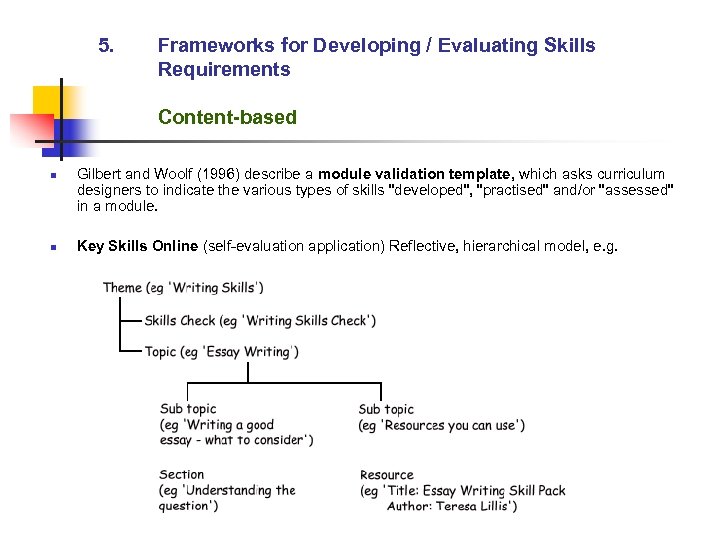 5. Frameworks for Developing / Evaluating Skills Requirements Content-based n n Gilbert and Woolf