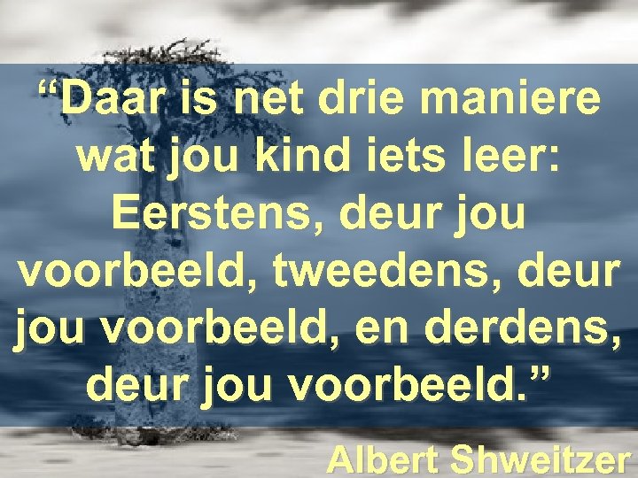 “Daar is net drie maniere wat jou kind iets leer: Eerstens, deur jou voorbeeld,