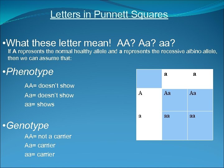 Letters in Punnett Squares • What these letter mean! AA? Aa? aa? If A