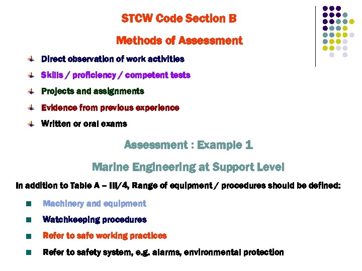 STCW Code Section B Methods of Assessment Direct observation of work activities Skills /