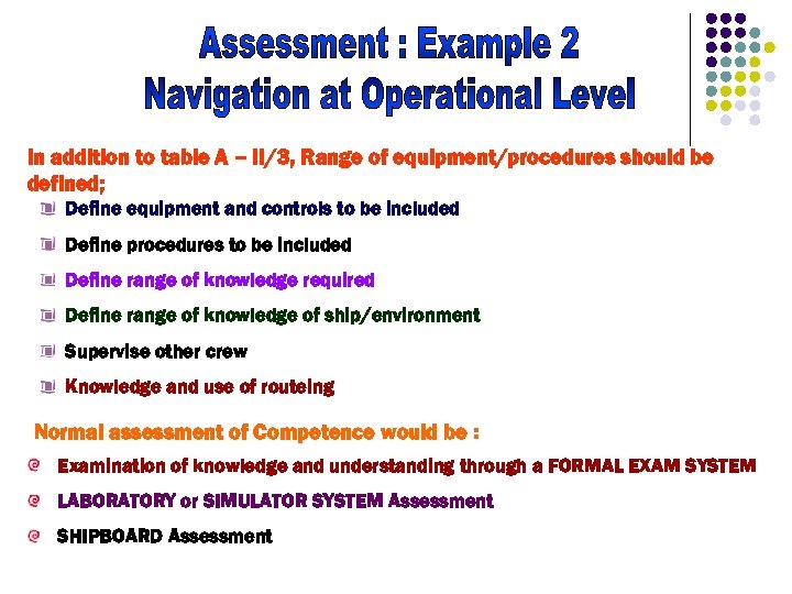 In addition to table A – II/3, Range of equipment/procedures should be defined; Define