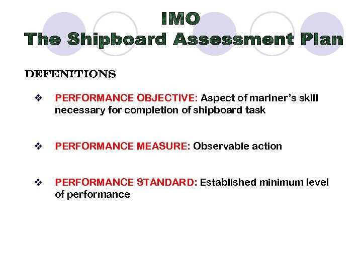 DEFENITIONS v PERFORMANCE OBJECTIVE: Aspect of mariner’s skill necessary for completion of shipboard task