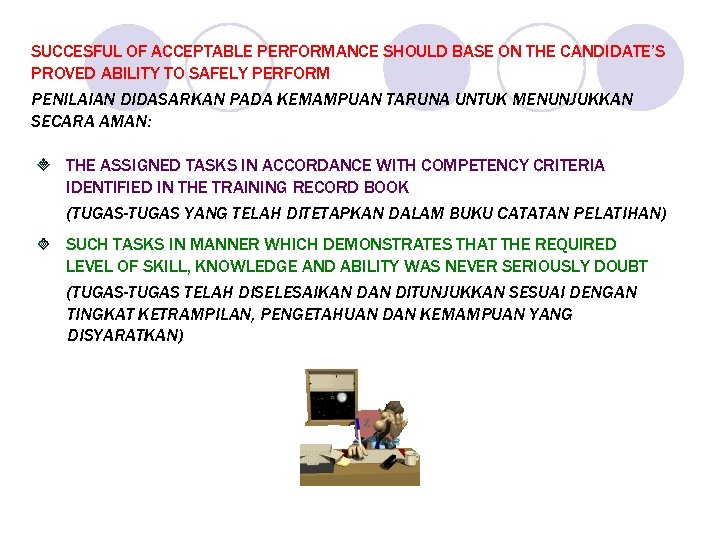 SUCCESFUL OF ACCEPTABLE PERFORMANCE SHOULD BASE ON THE CANDIDATE’S PROVED ABILITY TO SAFELY PERFORM