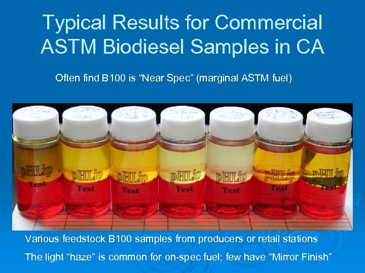 Typical Results for Commercial ASTM Biodiesel Samples in CA Often find B 100 is