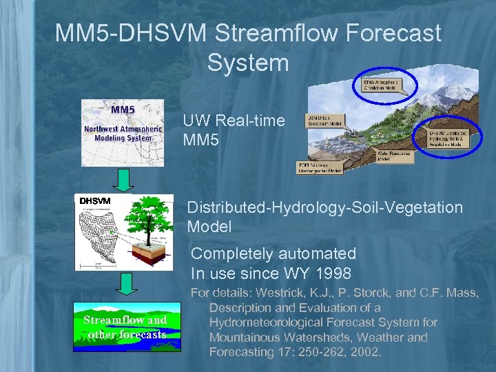 MM 5 -DHSVM Streamflow Forecast System UW Real-time MM 5 DHSVM Distributed-Hydrology-Soil-Vegetation Model Completely